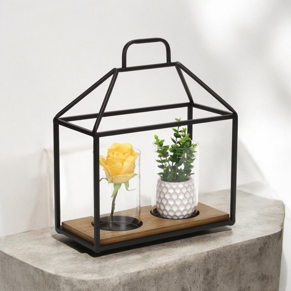 15" Black Metal Glass And Wood Geometric Two Light Hurricane Candle Holder
