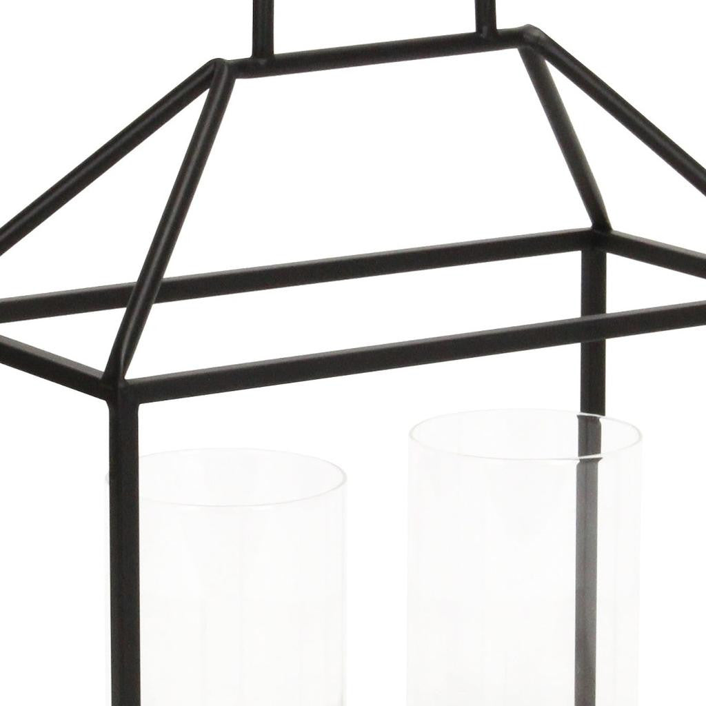 15" Black Metal Glass And Wood Geometric Two Light Hurricane Candle Holder