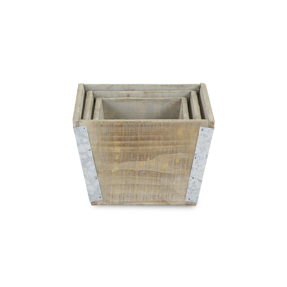 Set of Three Natural And Silver Metal And Wood 217 Ounce Square Distressed Planter Boxes