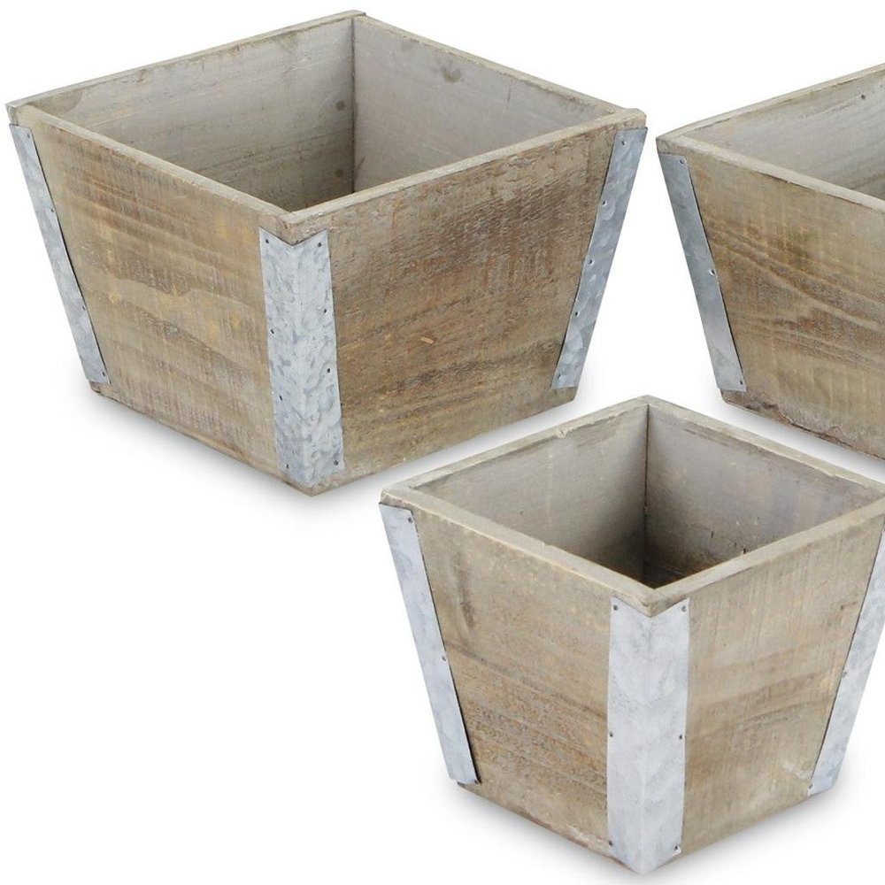 Set of Three Natural And Silver Metal And Wood 217 Ounce Square Distressed Planter Boxes