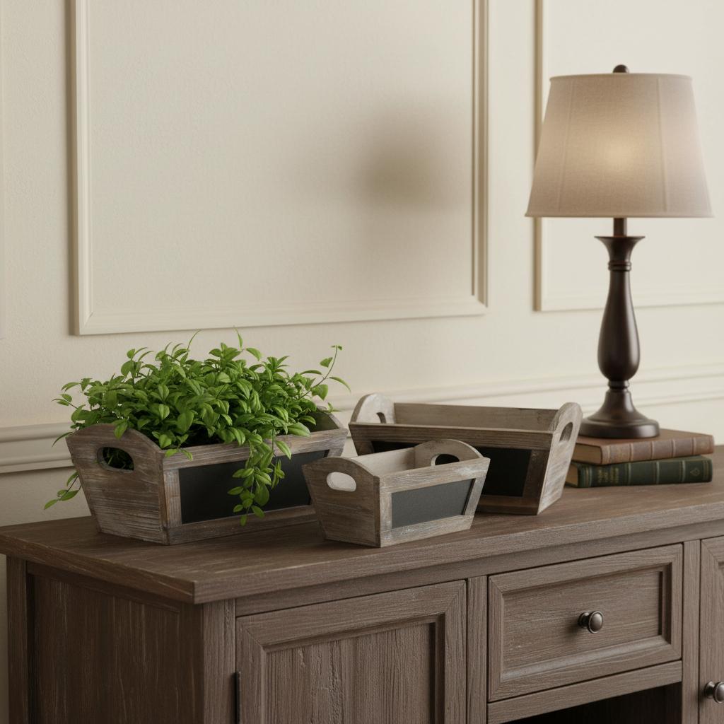 Set of Three Brown Wood Rectangular Distressed Planter Boxes