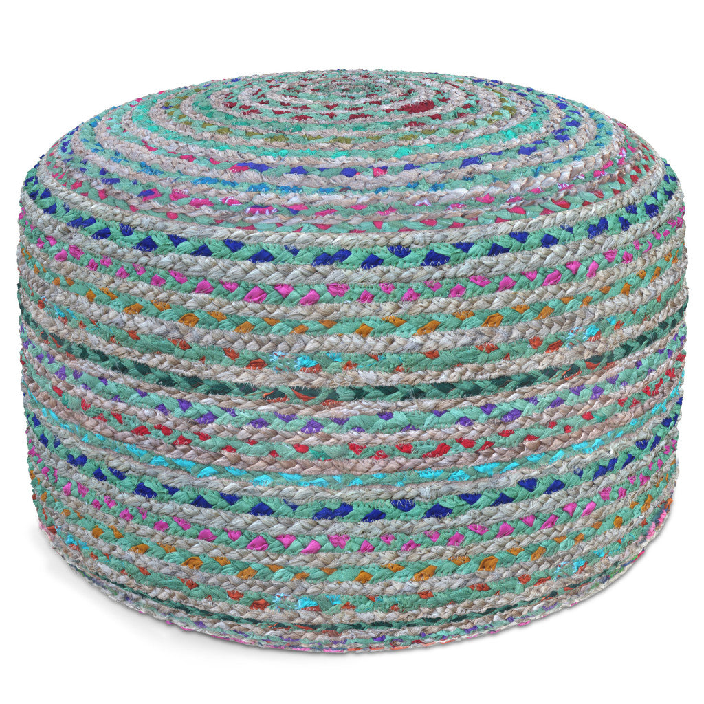 20" Blue Gray and Green Jute and Cotton Striped Round Pouf Ottoman