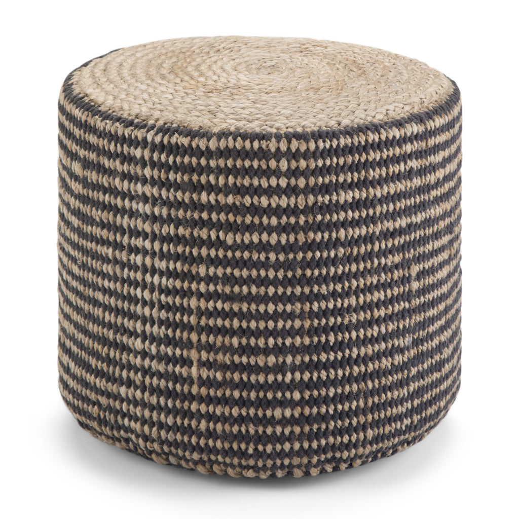 18" Black and Natural Jute Round Pouf Ottoman