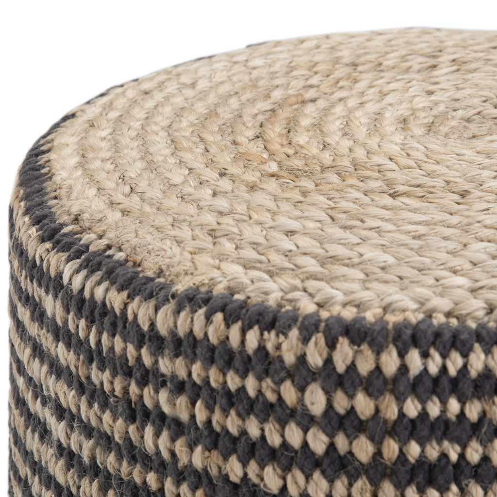18" Black and Natural Jute Round Pouf Ottoman
