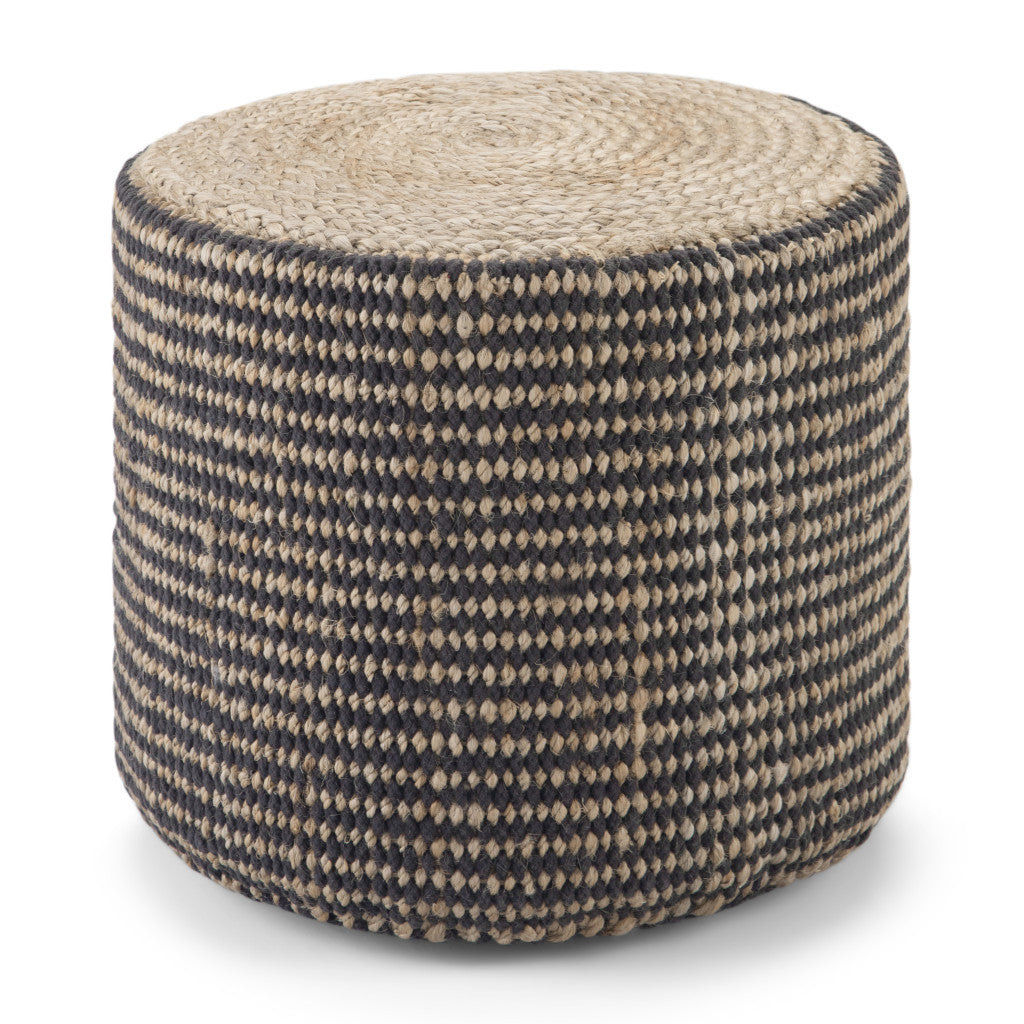 18" Black and Natural Jute Round Pouf Ottoman