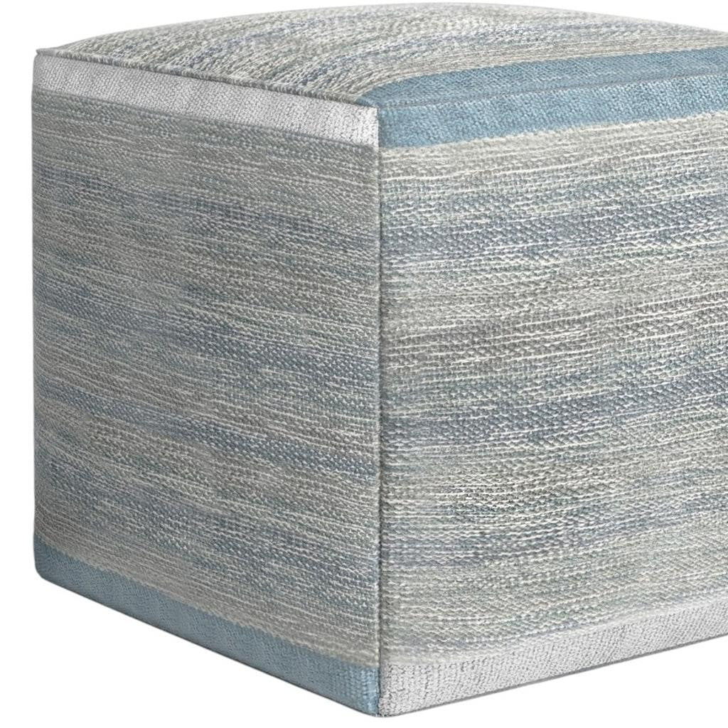 16" Blue Gray and Off White Cotton Abstract Cube Pouf Ottoman
