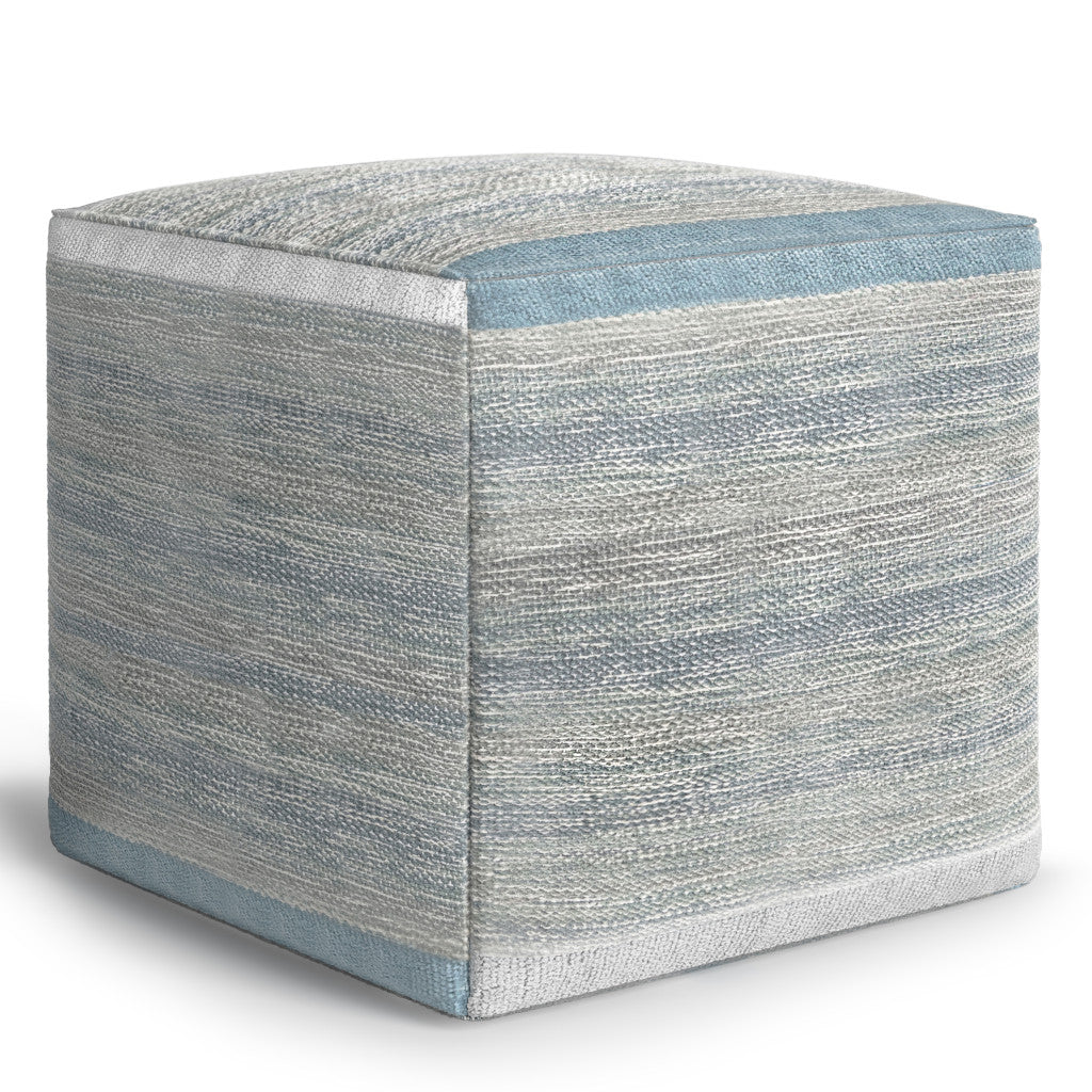 16" Blue Gray and Off White Cotton Abstract Cube Pouf Ottoman