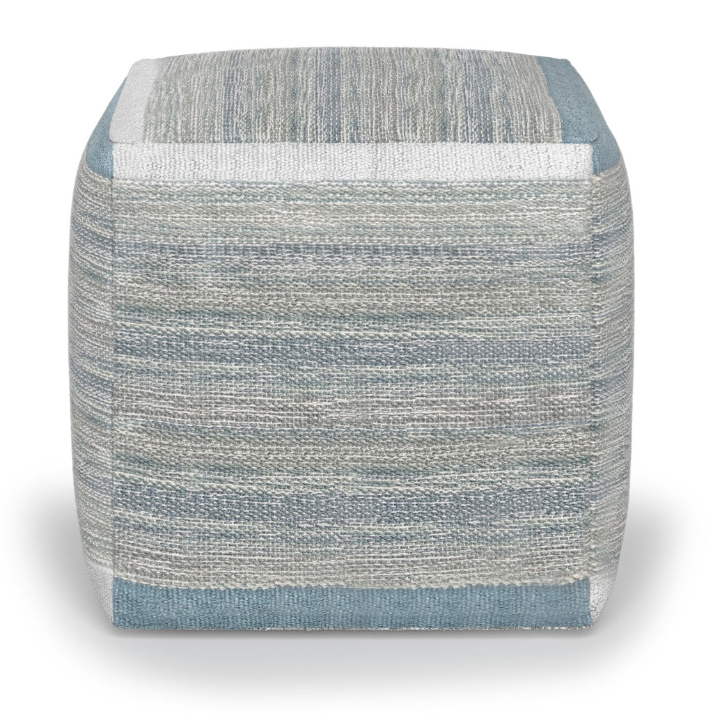 16" Blue Gray and Off White Cotton Abstract Cube Pouf Ottoman