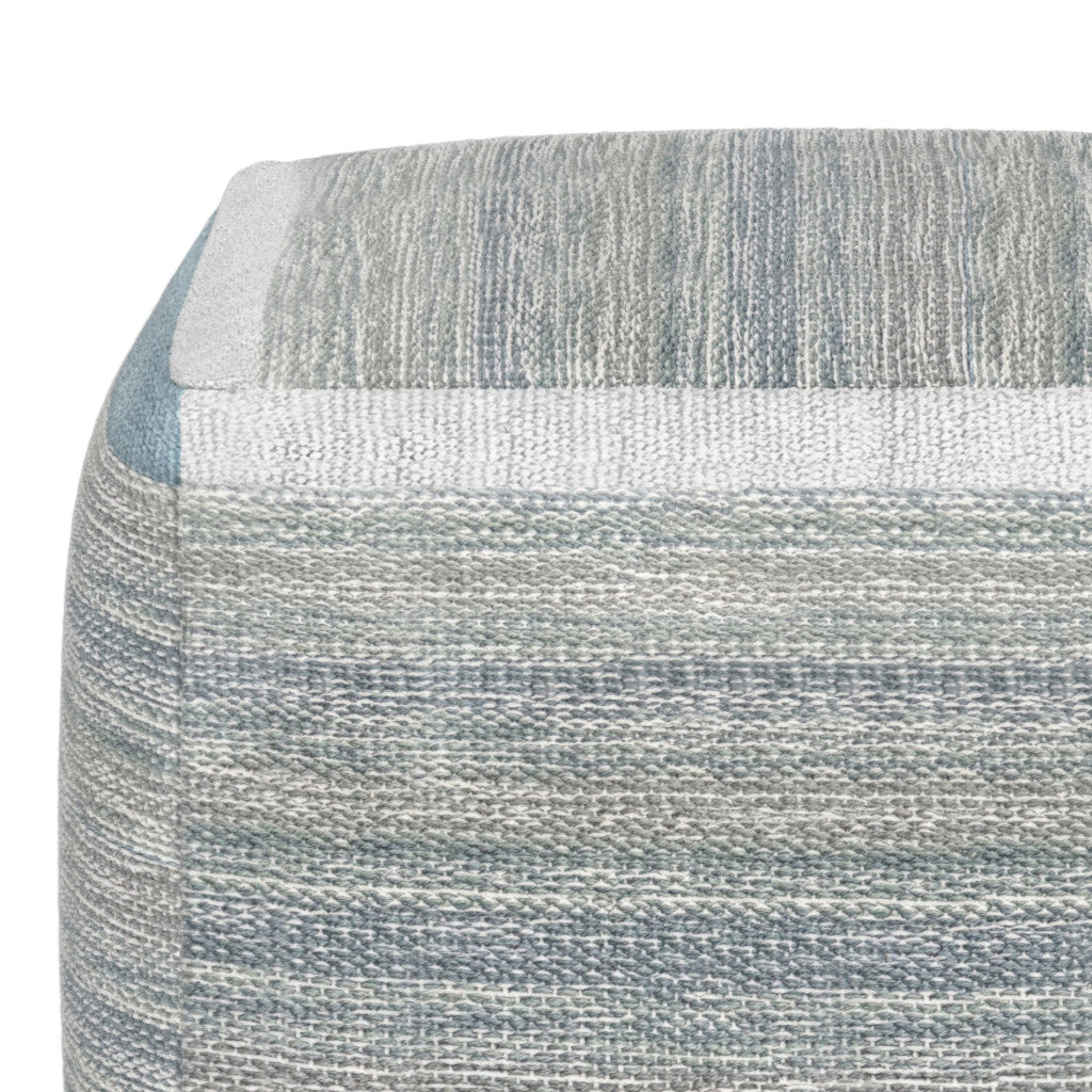 16" Blue Gray and Off White Cotton Abstract Cube Pouf Ottoman