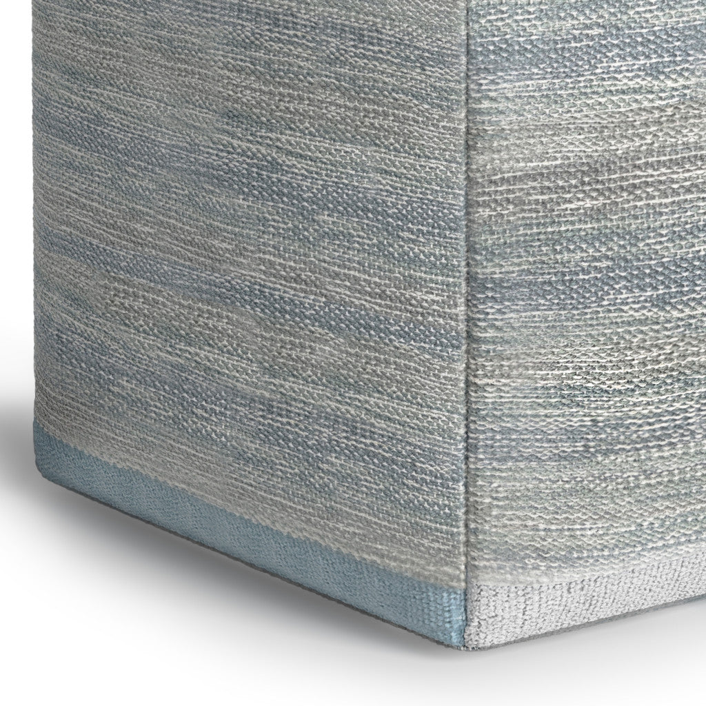 16" Blue Gray and Off White Cotton Abstract Cube Pouf Ottoman