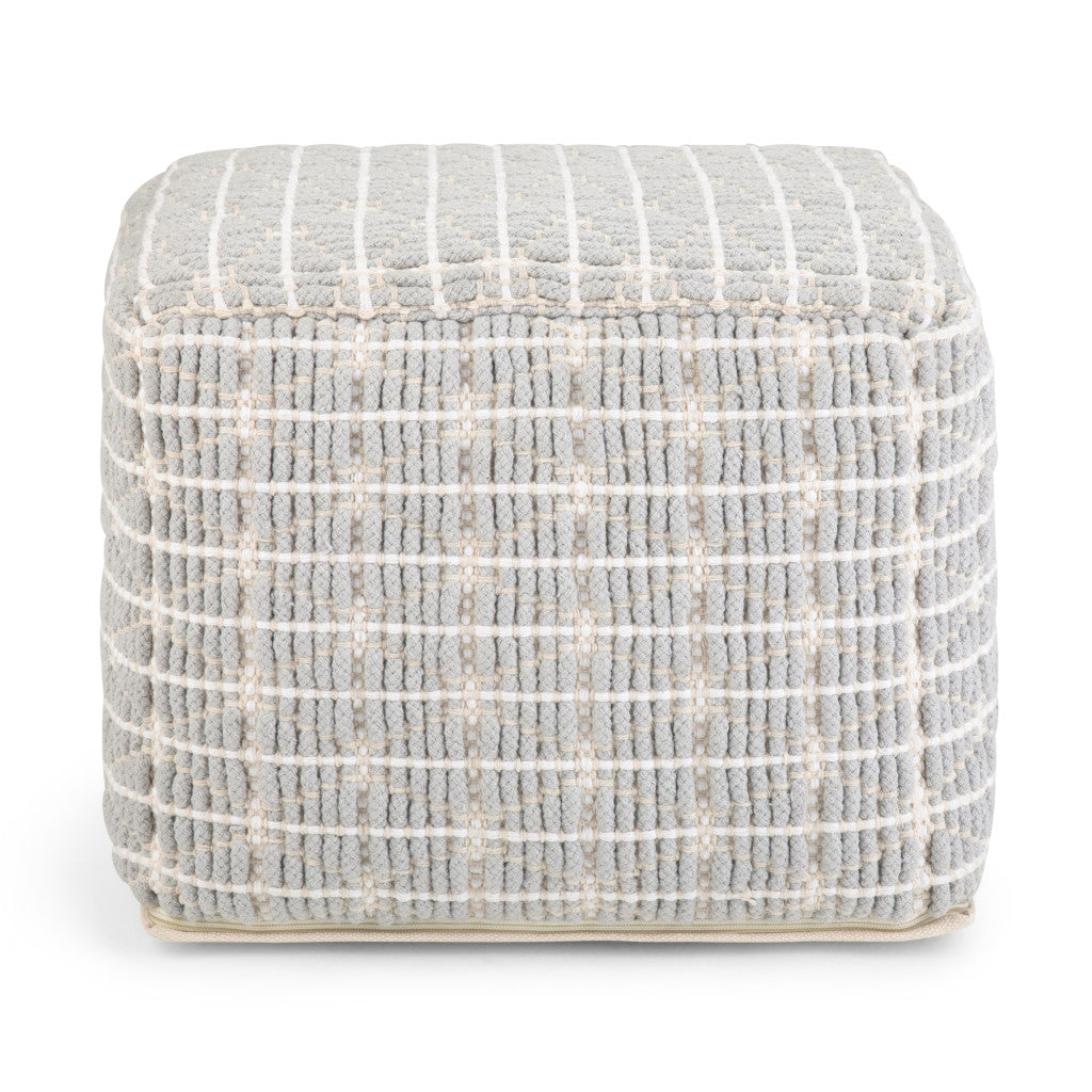 18" Light Blue and White Cotton Geometric Pouf Ottoman