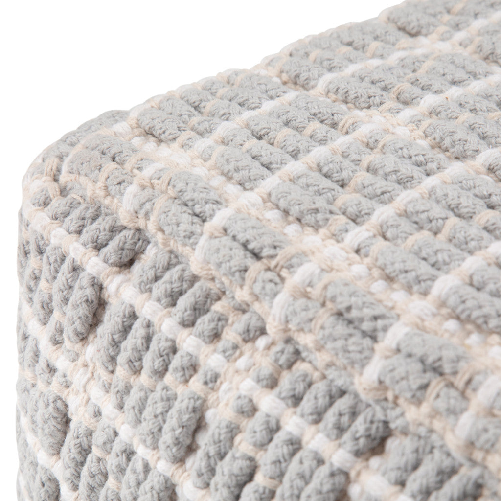 18" Light Blue and White Cotton Geometric Pouf Ottoman