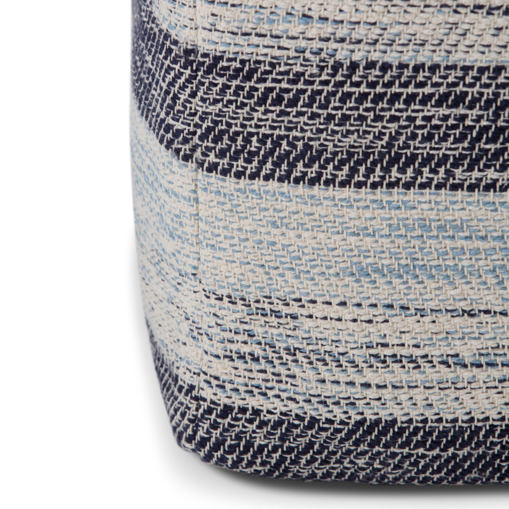 18" Blue Cotton Striped Pouf Ottoman