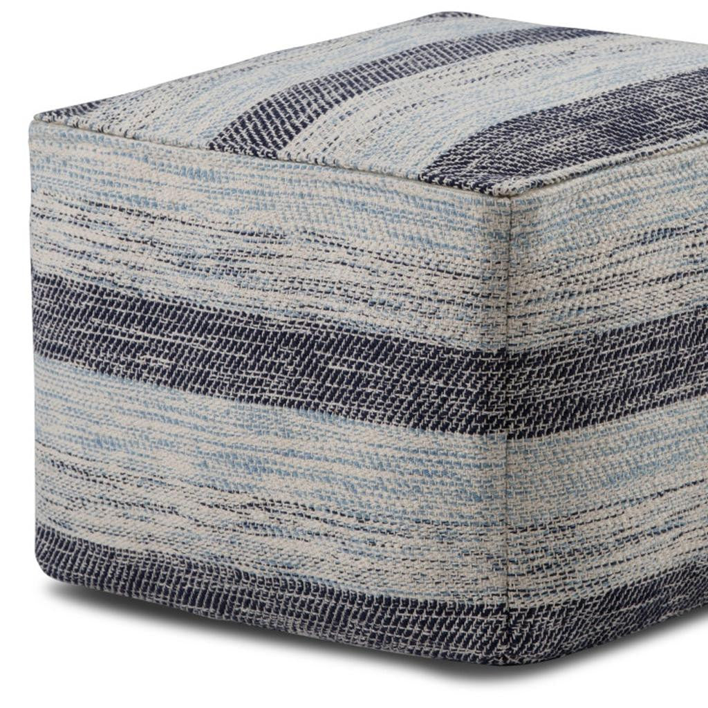 18" Blue Cotton Striped Pouf Ottoman