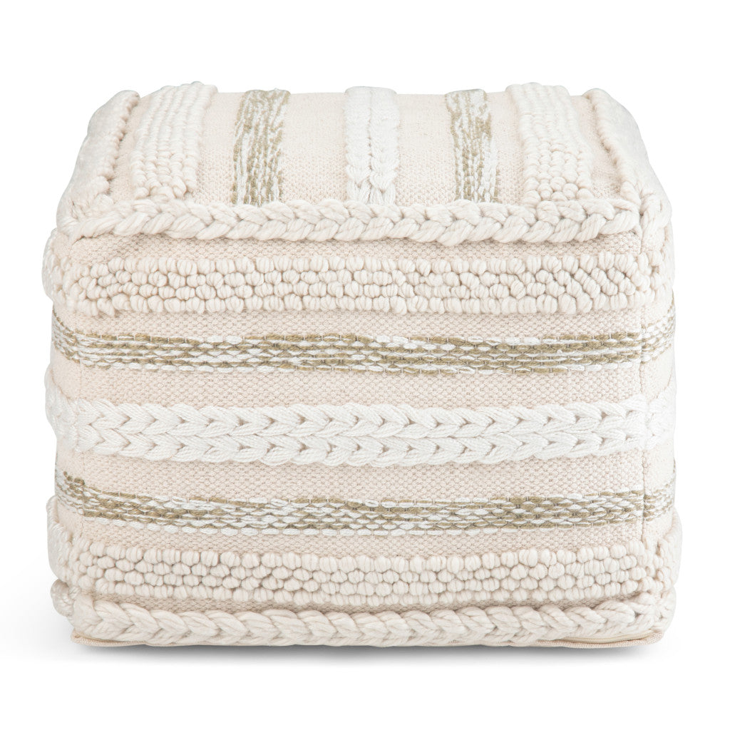 18" Beige Brown and White Cotton Striped Pouf Ottoman