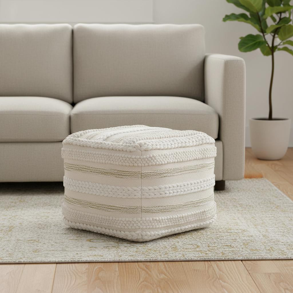 18" Beige Brown and White Cotton Striped Pouf Ottoman