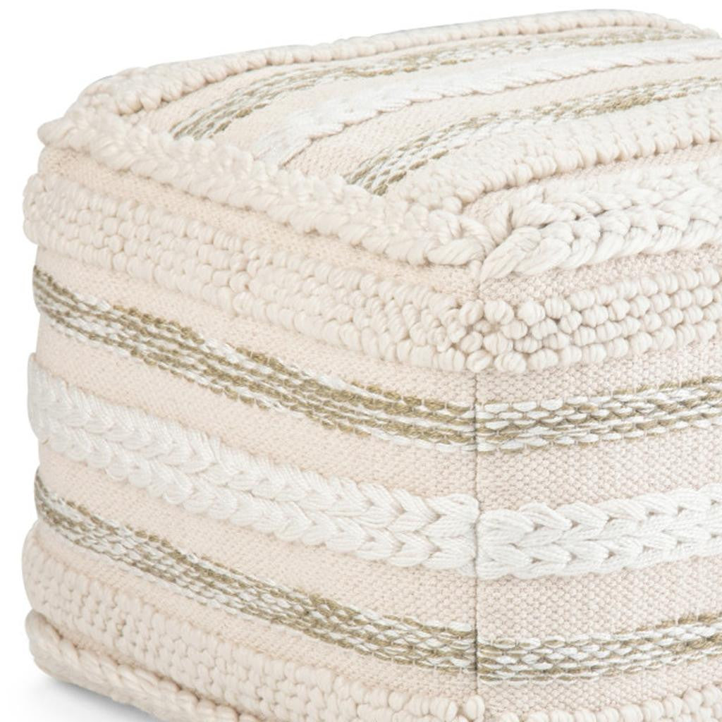 18" Beige Brown and White Cotton Striped Pouf Ottoman
