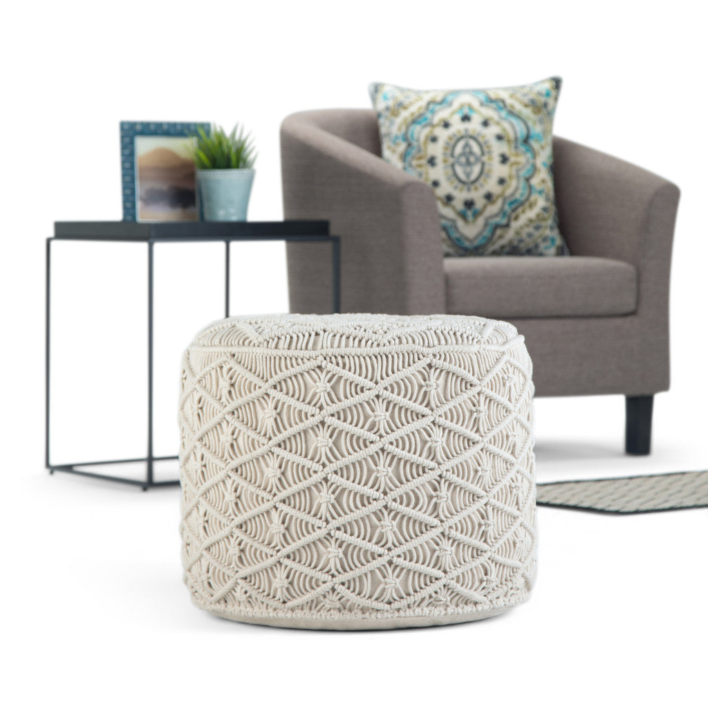 18" Off White Cotton Geometric Round Pouf Ottoman