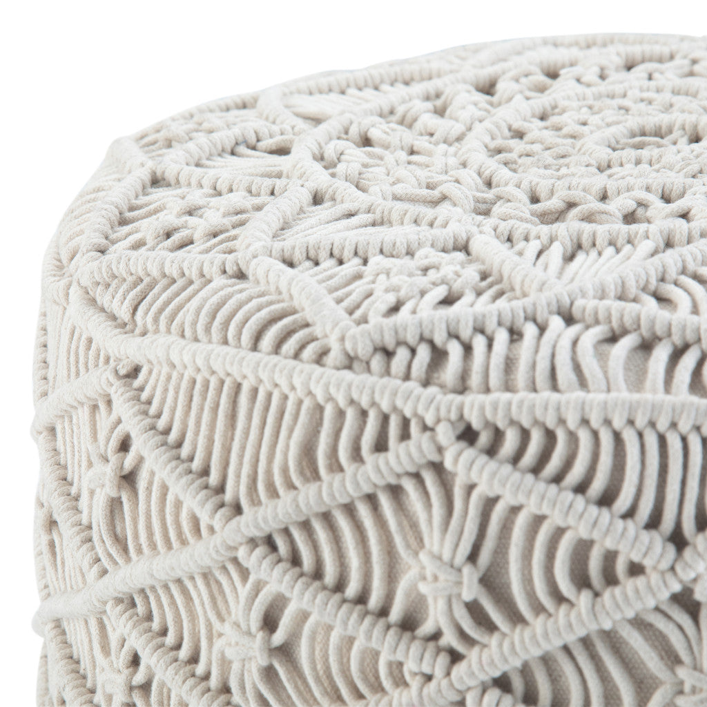 18" Off White Cotton Geometric Round Pouf Ottoman