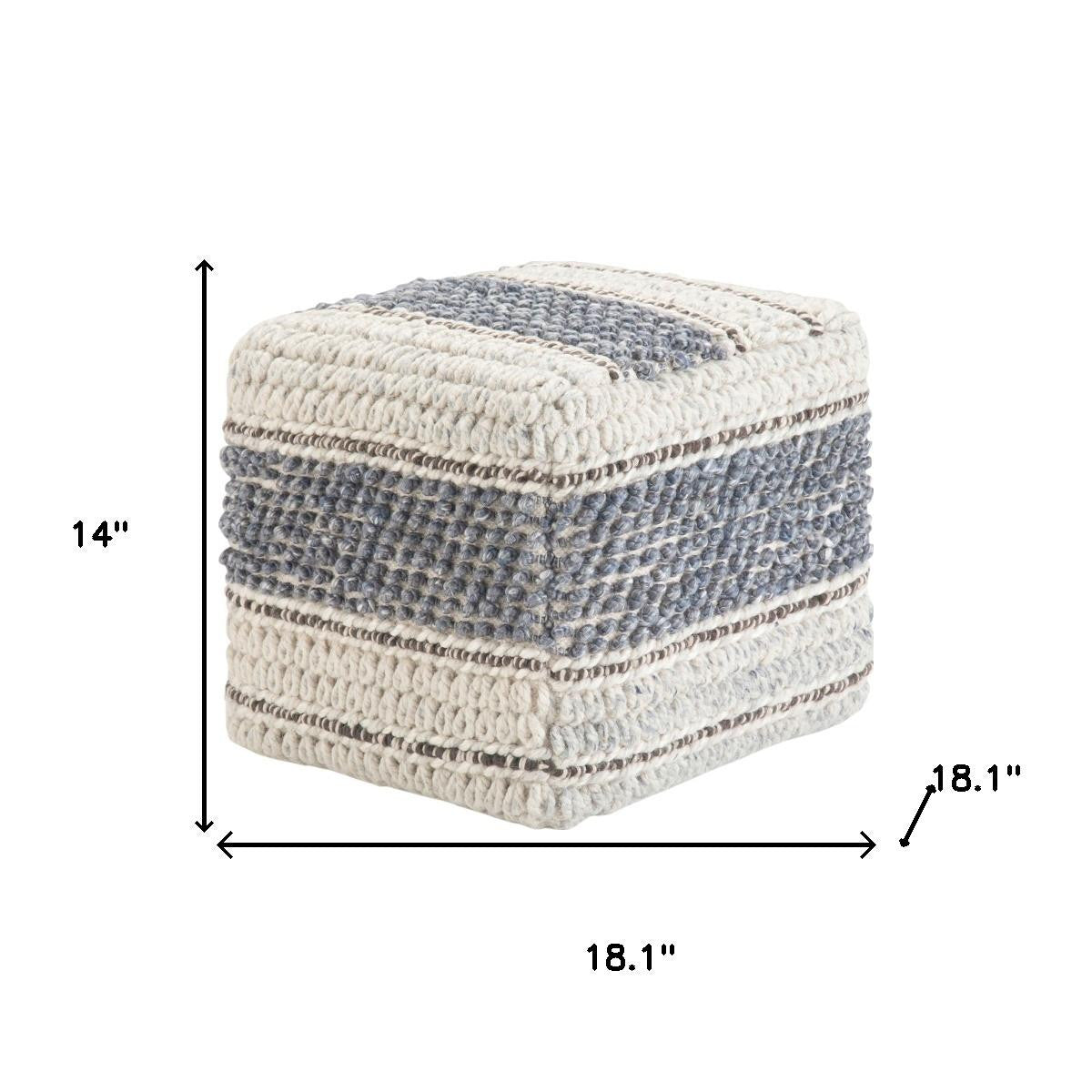 18" Blue Brown and Off White Cotton and Wool Striped Pouf Ottoman