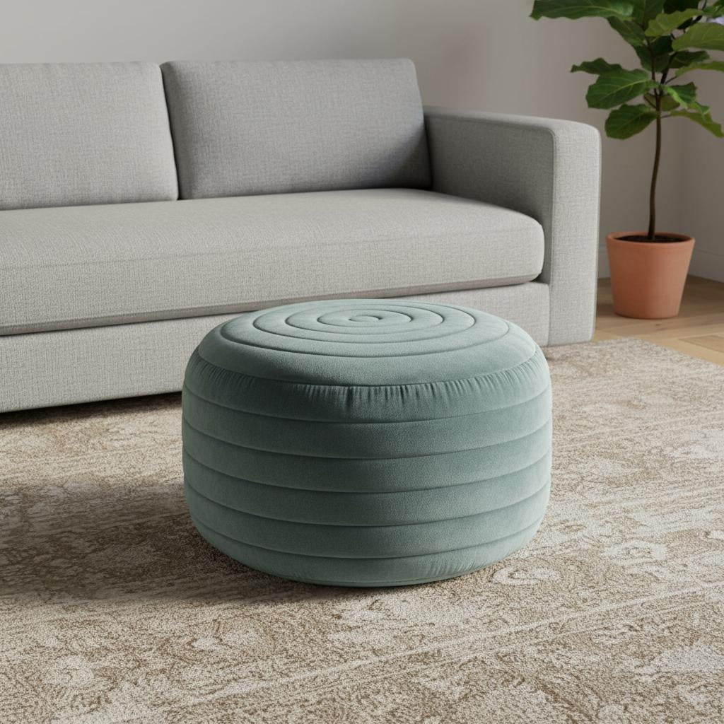 20" Turquoise Velvet Ribbed Round Pouf Ottoman