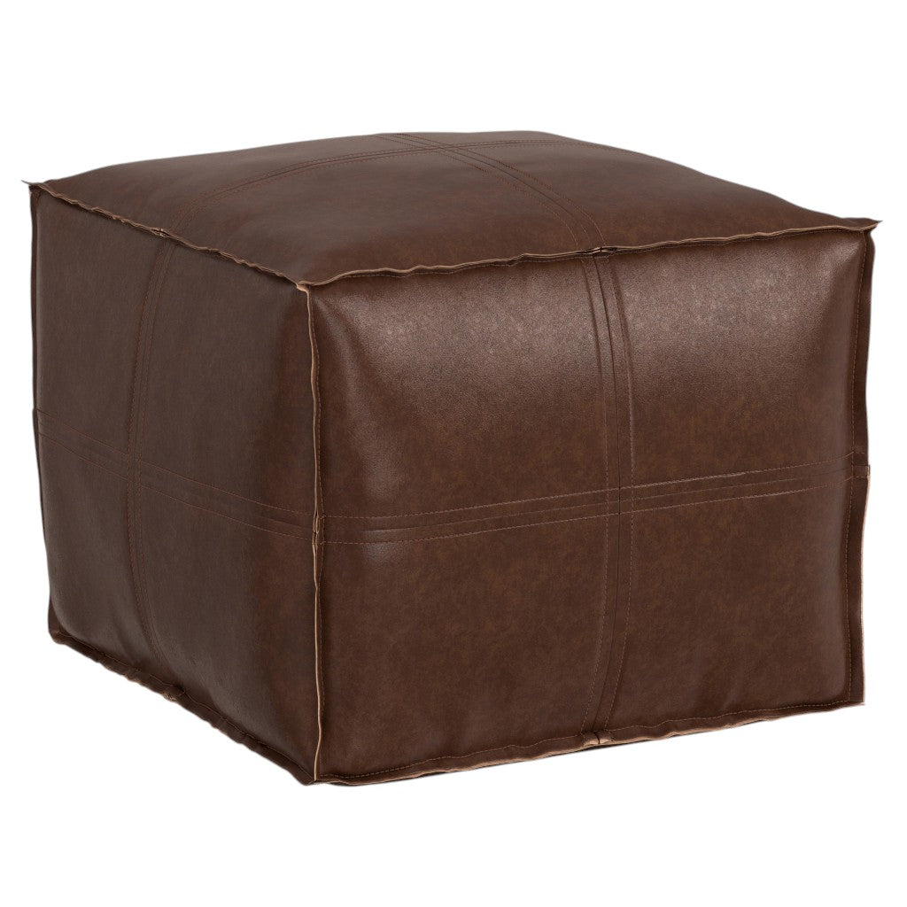 18" Dark Brown Faux Leather Pouf Ottoman