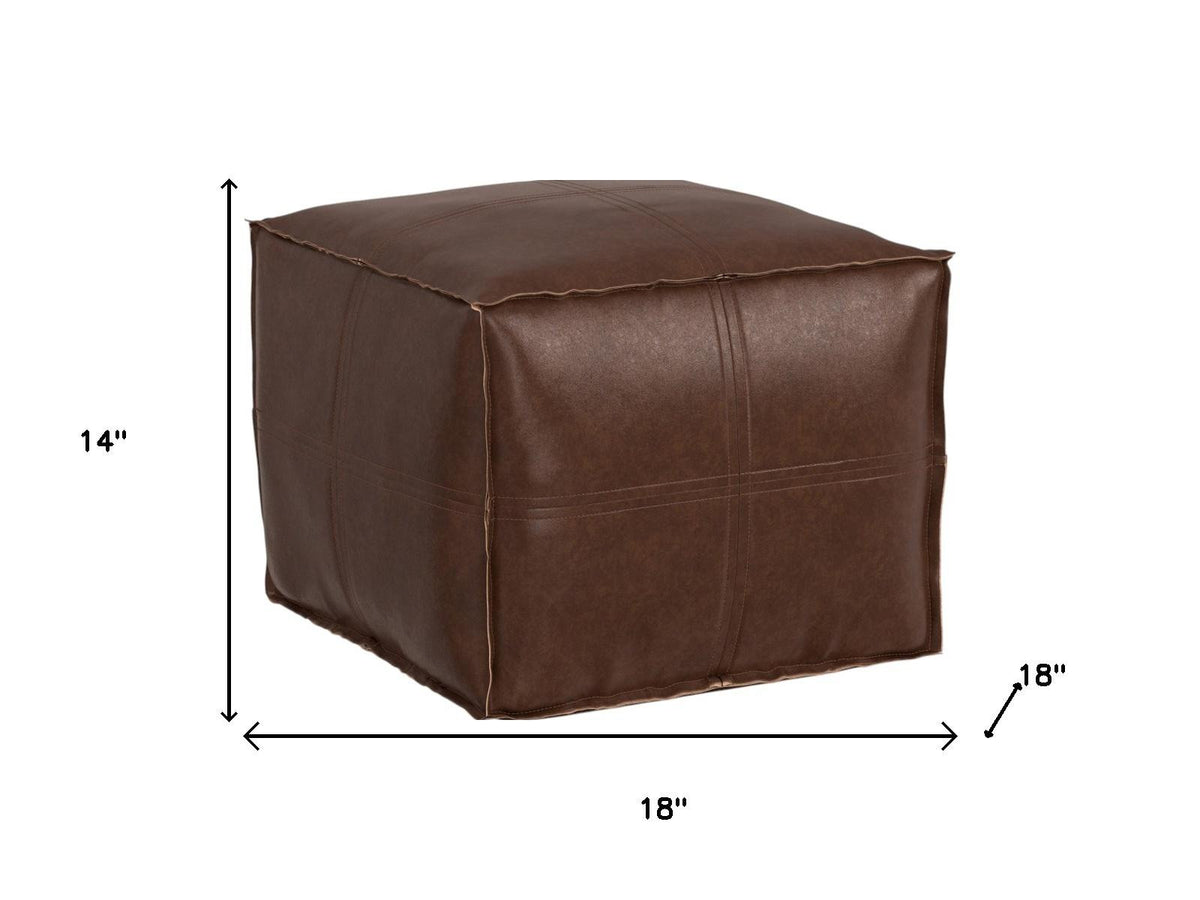 18" Dark Brown Faux Leather Pouf Ottoman