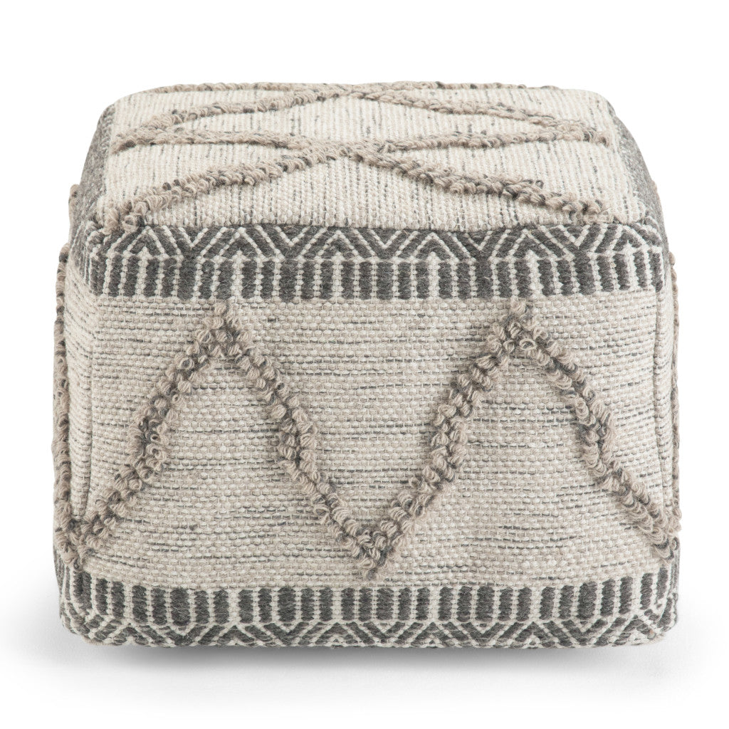 18" Gray and Tan Cotton and Wool Geometric Pouf Ottoman