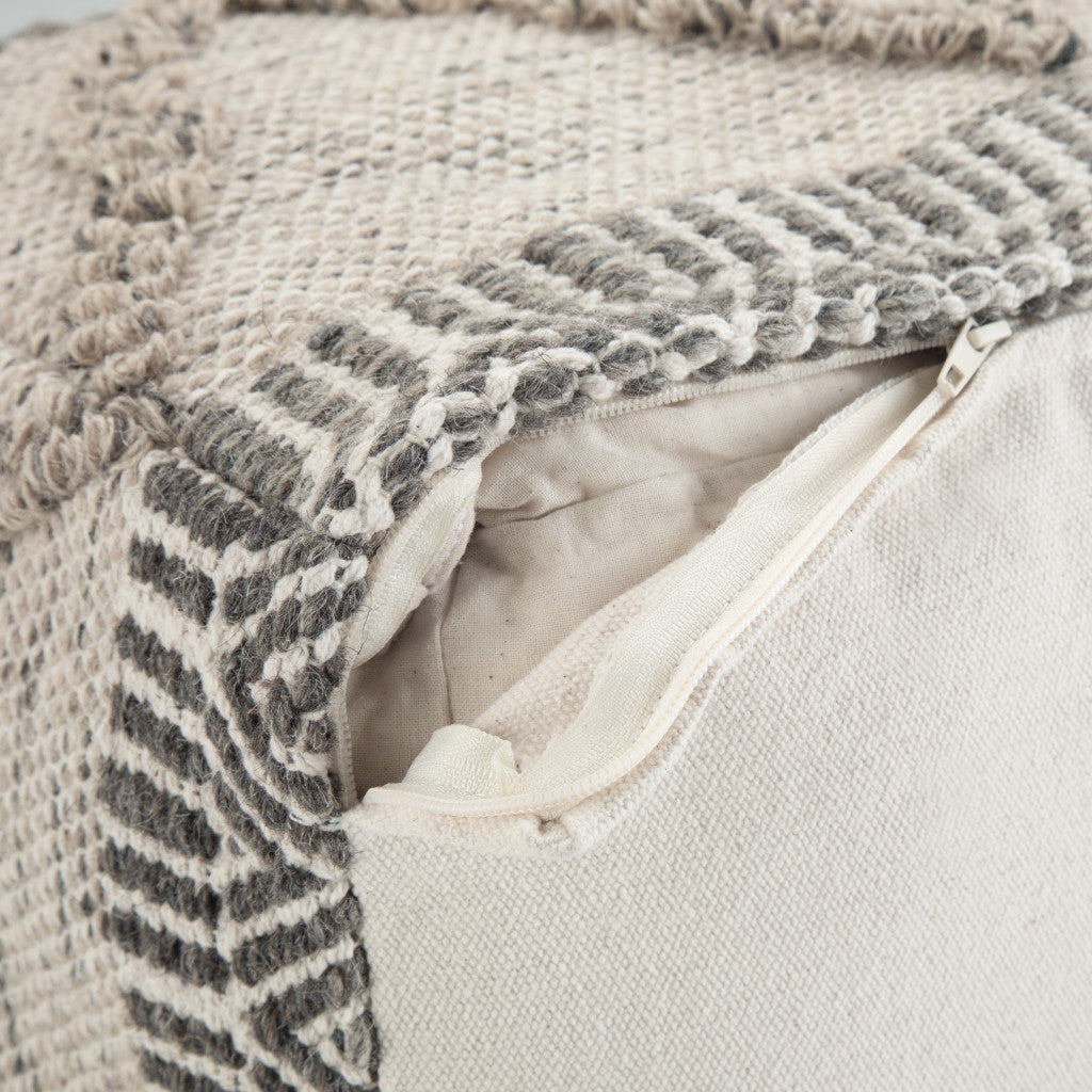 18" Gray and Tan Cotton and Wool Geometric Pouf Ottoman