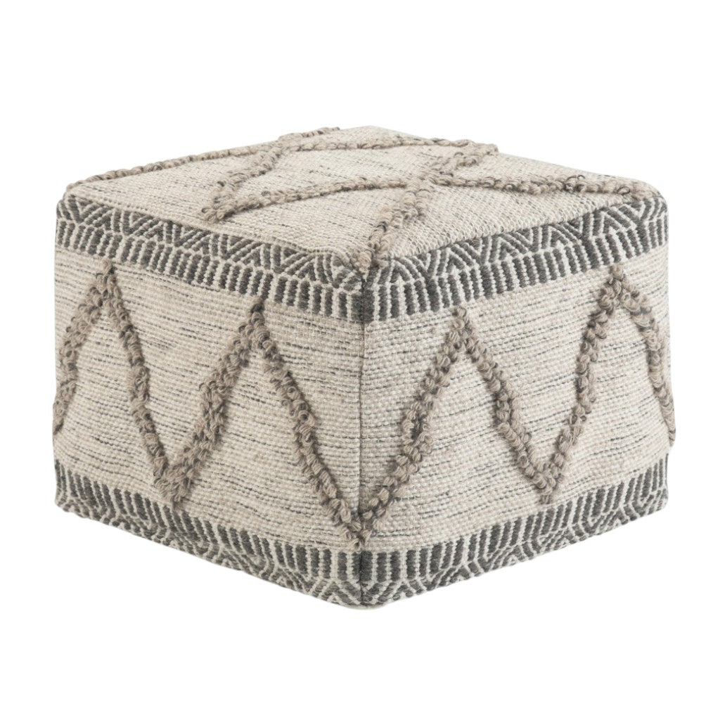 18" Gray and Tan Cotton and Wool Geometric Pouf Ottoman