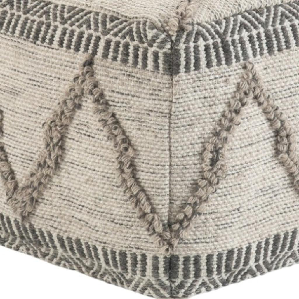 18" Gray and Tan Cotton and Wool Geometric Pouf Ottoman