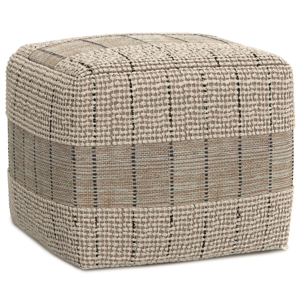 18" Gray and Tan Jute and Cotton Geometric Pouf Ottoman