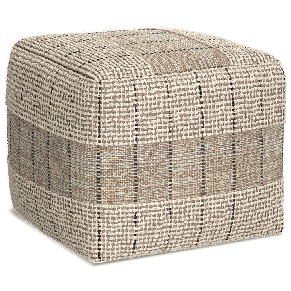 18" Gray and Tan Jute and Cotton Geometric Pouf Ottoman