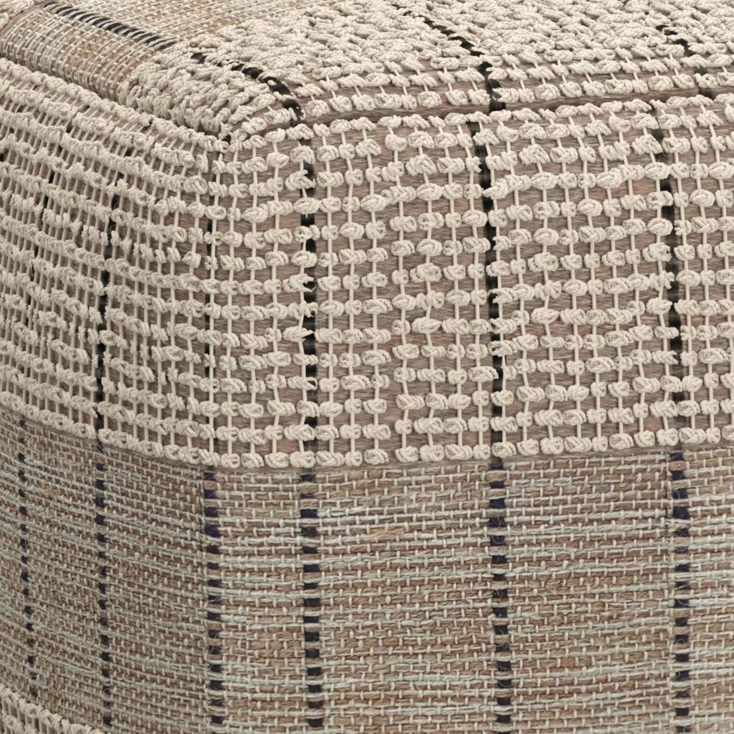 18" Gray and Tan Jute and Cotton Geometric Pouf Ottoman