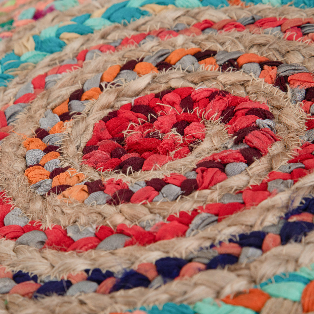 20" Blue Orange and Tan Cotton and Jute Striped Round Pouf Ottoman