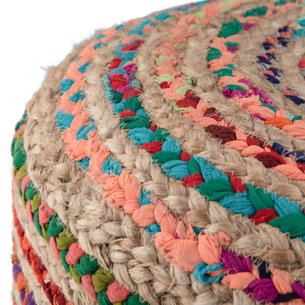 20" Blue Orange and Tan Cotton and Jute Striped Round Pouf Ottoman