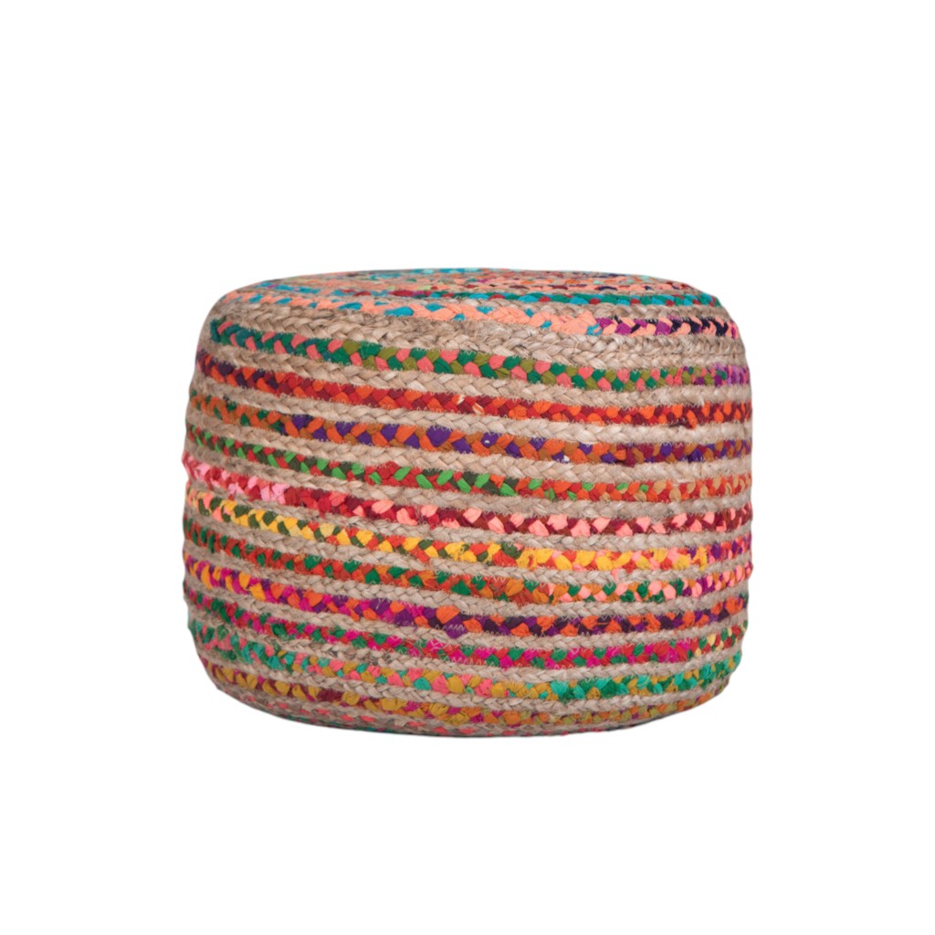 20" Blue Orange and Tan Cotton and Jute Striped Round Pouf Ottoman
