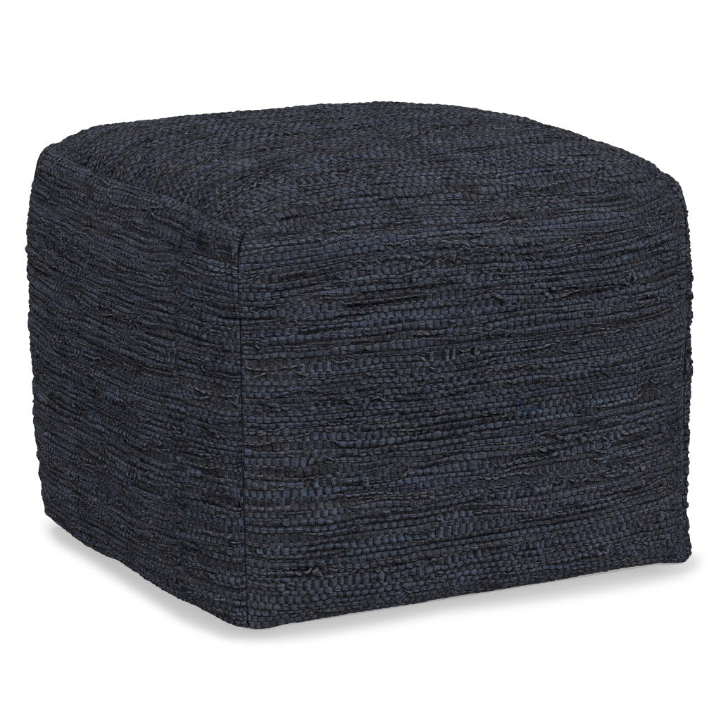 18" Dark Blue Genuine Leather Pouf Ottoman