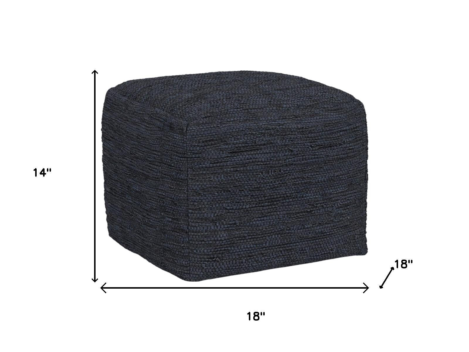 18" Dark Blue Genuine Leather Pouf Ottoman