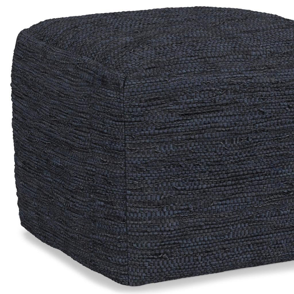 18" Dark Blue Genuine Leather Pouf Ottoman