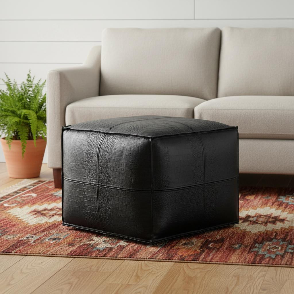 18" Black Genuine Leather Pouf Ottoman