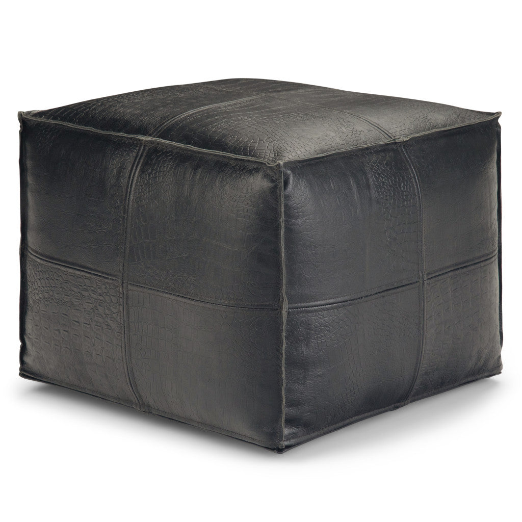 18" Black Genuine Leather Pouf Ottoman