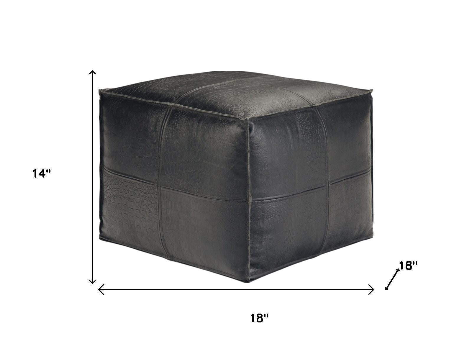 18" Black Genuine Leather Pouf Ottoman