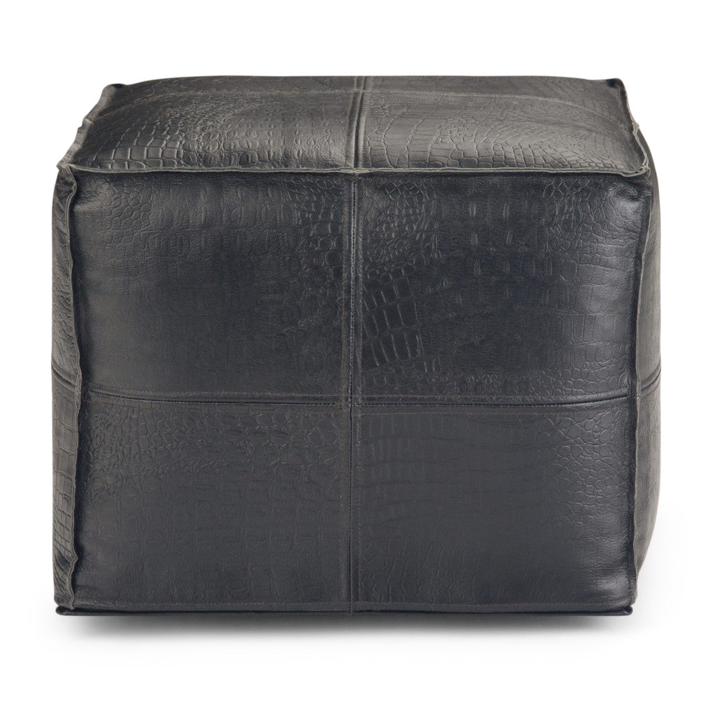 18" Black Genuine Leather Pouf Ottoman