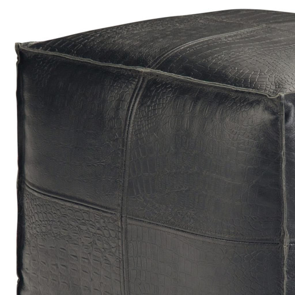 18" Black Genuine Leather Pouf Ottoman