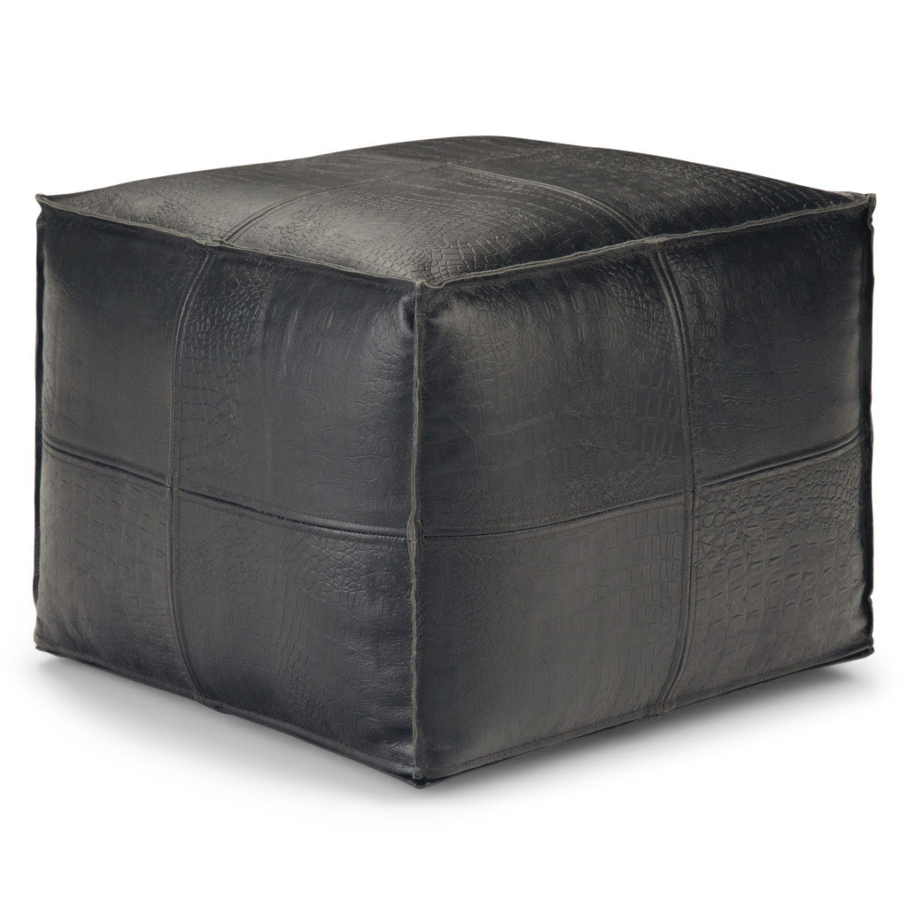 18" Black Genuine Leather Pouf Ottoman