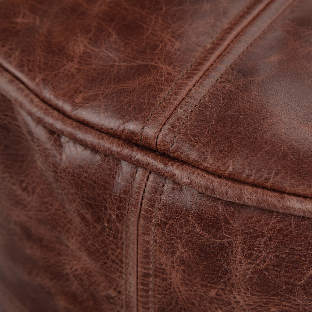 18" Brown Genuine Leather Round Pouf Ottoman