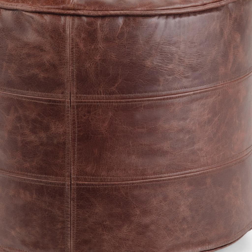 18" Brown Genuine Leather Round Pouf Ottoman