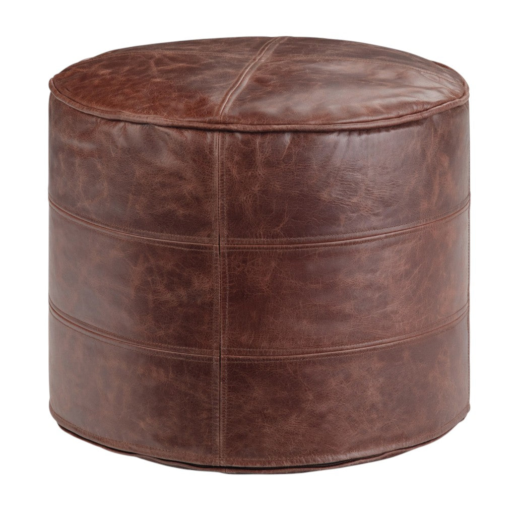 18" Brown Genuine Leather Round Pouf Ottoman