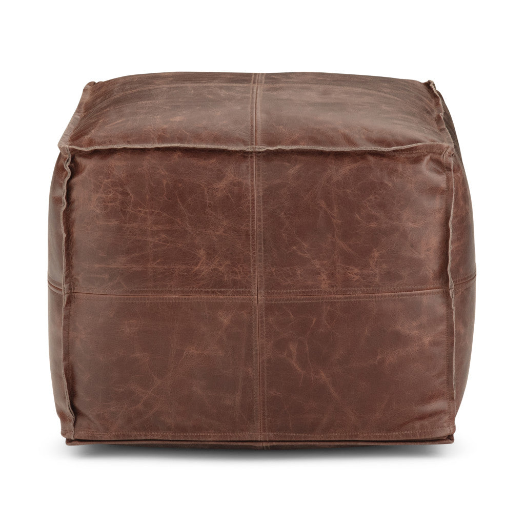 18" Brown Genuine Leather Pouf Ottoman